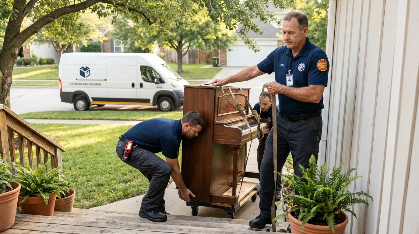 Licensed piano movers securing grand piano in Henagar, AL