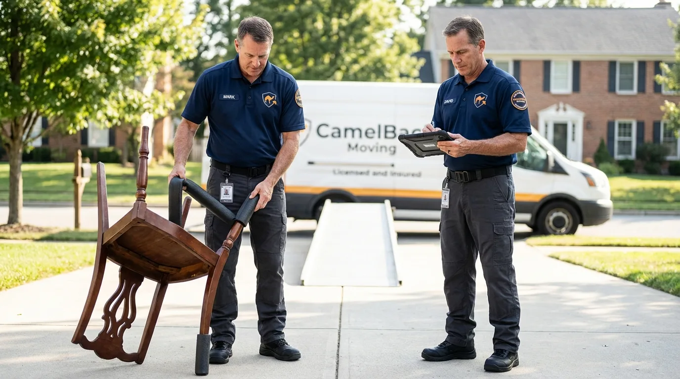 Movers inspecting furniture for damage prevention before loading in Henagar, AL