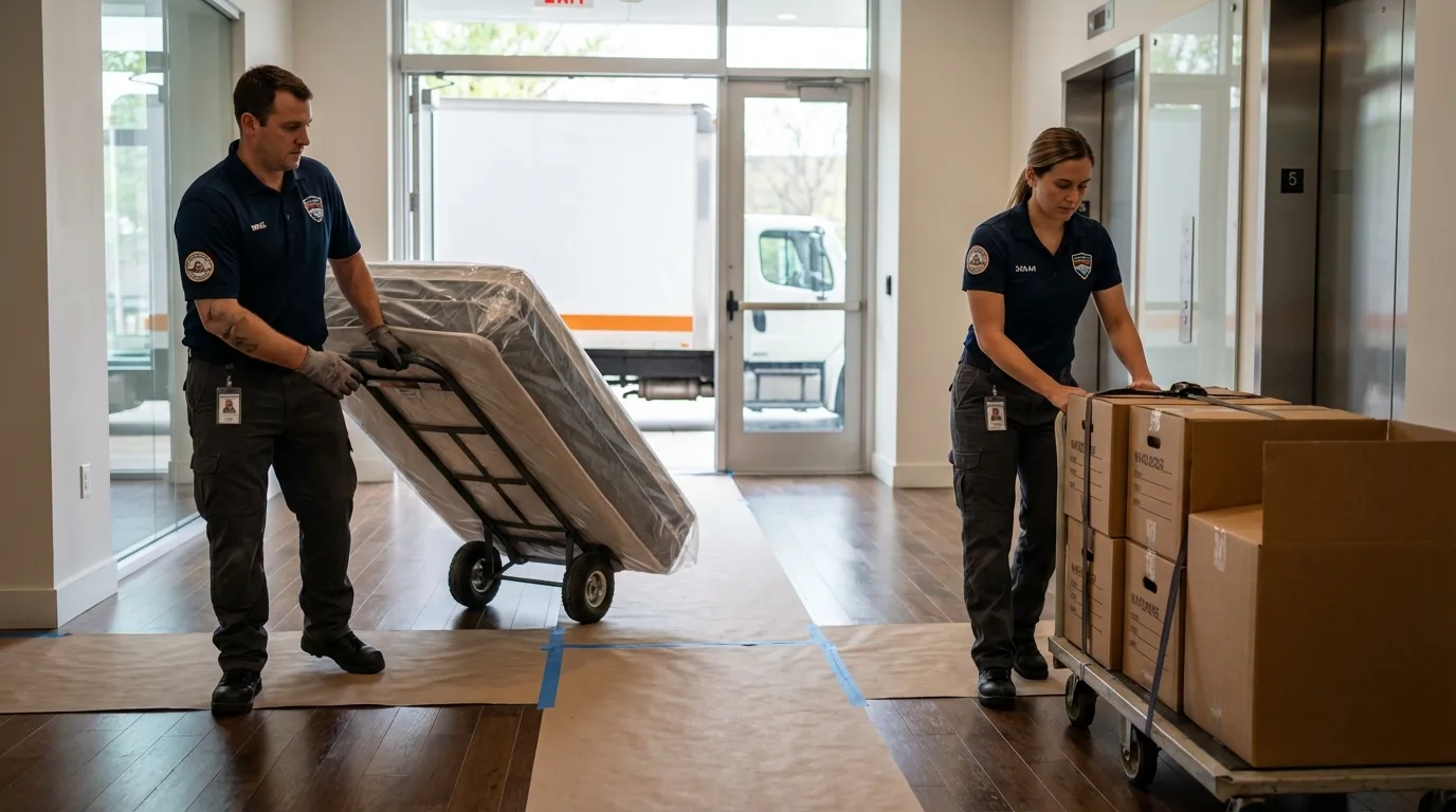 Professional apartment movers loading elevator in Henagar, AL